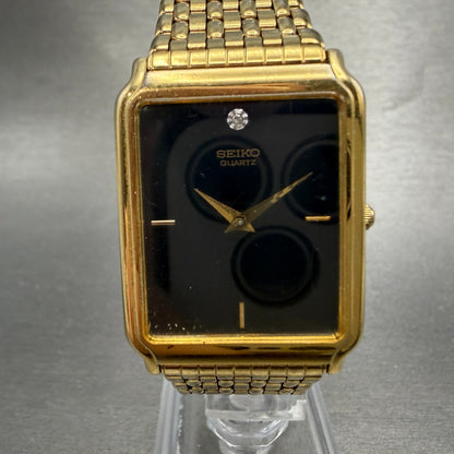 Seiko Tank Watch Men 27mm Black Dial Gold Tone Rectangle 5Y30-5189 PARTS Vintage0