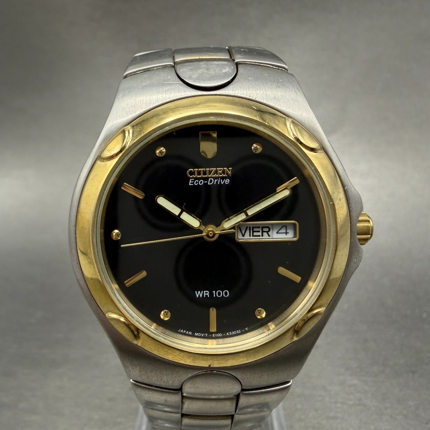 Citizen Eco-Drive Watch Men 36mm Black Dial Two Tone Daydate E100-K175431 Runs0