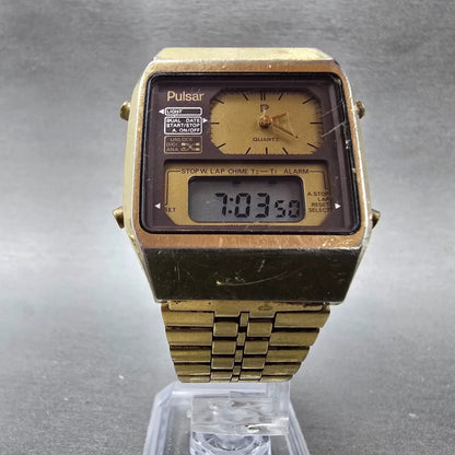 Pulsar Analog Digital Watch Men 32mm Gold Tone Alarm Chronograph Y651 New Battey5