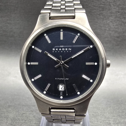 Skagen Watch Men 34mm Blue Dial Titanium Date Round 105LTXN New Battery0