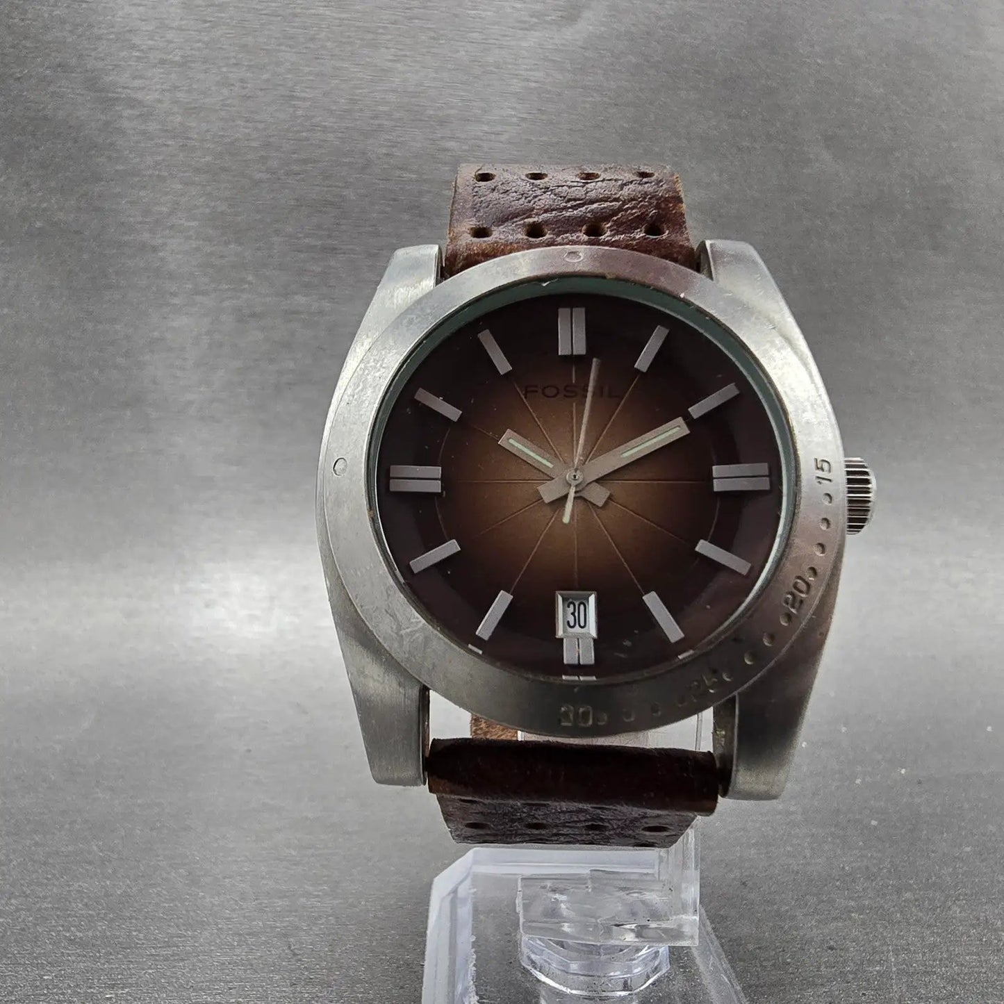 Fossil Watch Men 40mm Brown Dial Silver Tone Date Round JR-9162 New Battery5