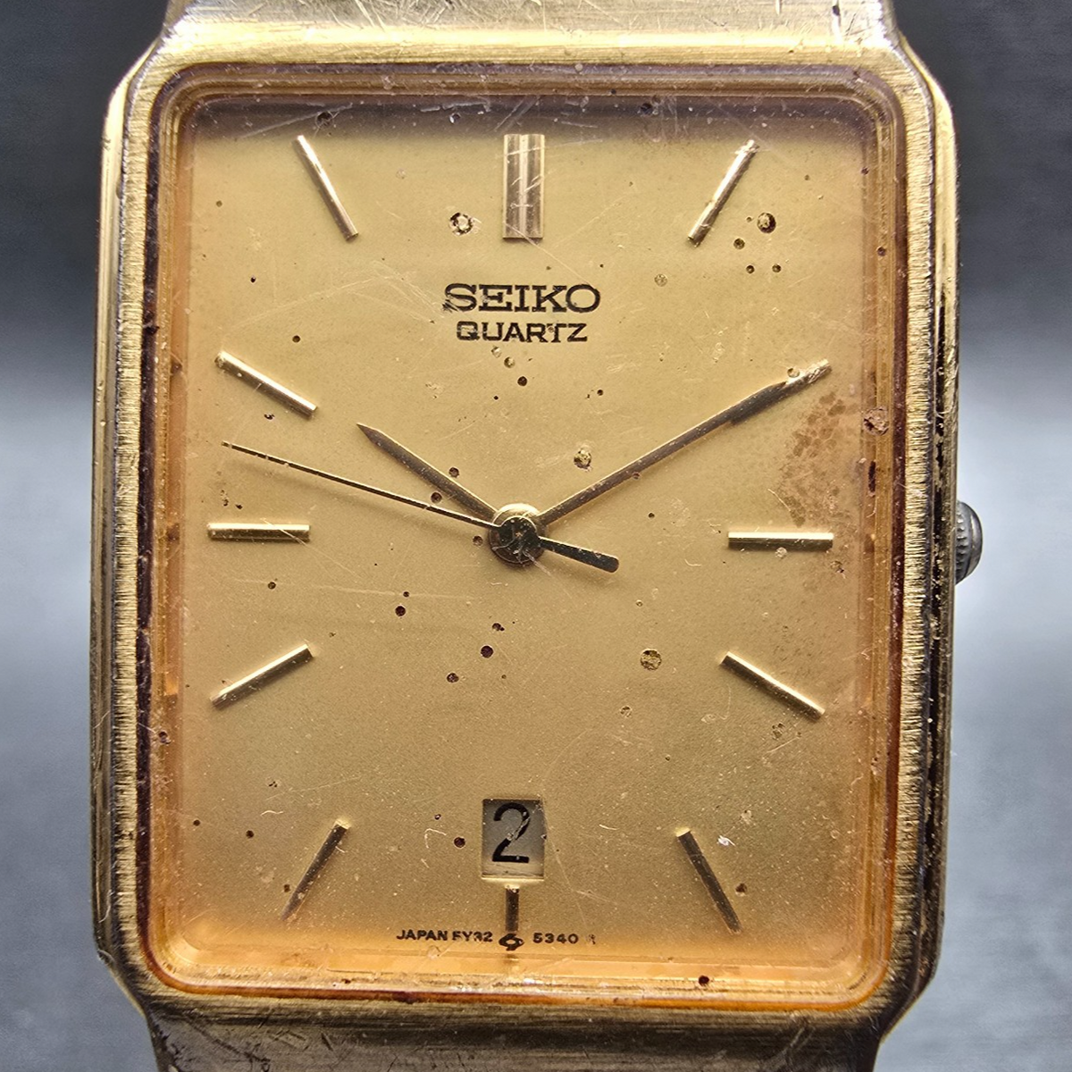 Seiko Tank Watch Men 25mm Gold Dial Gold Date Rectangle 5Y32-5129 New Battery1