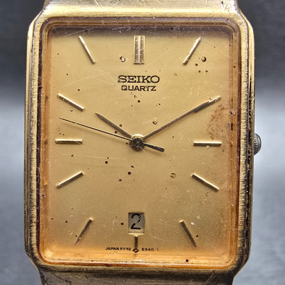 Seiko Tank Watch Men 25mm Gold Dial Gold Date Rectangle 5Y32-5129 New Battery1