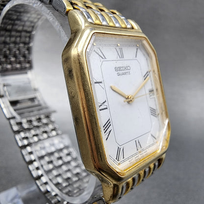 Seiko Tank Watch 26mm Men White Dial Two Tone Date 7n22-5011 New Battery