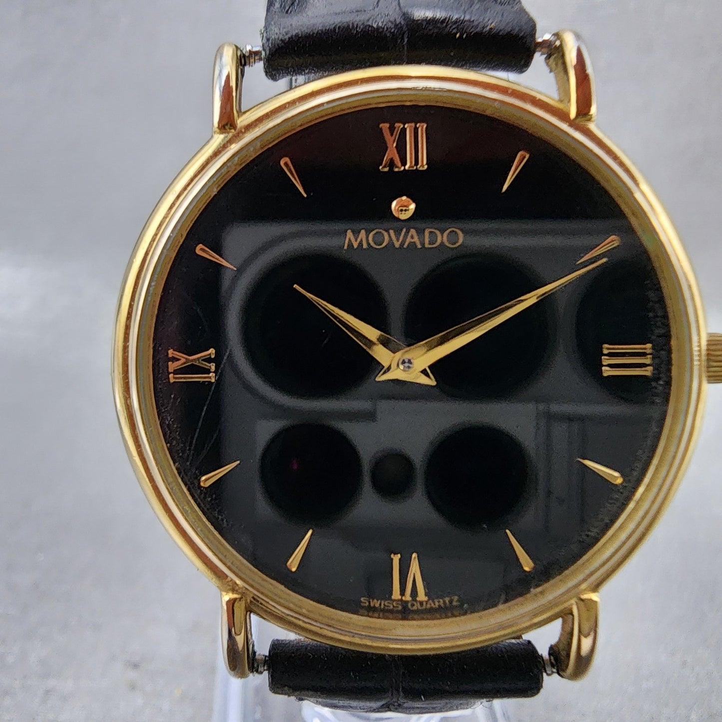 Movado Watch Men 34mm Black Dial Gold Tone Round 87E40885 New Battery1