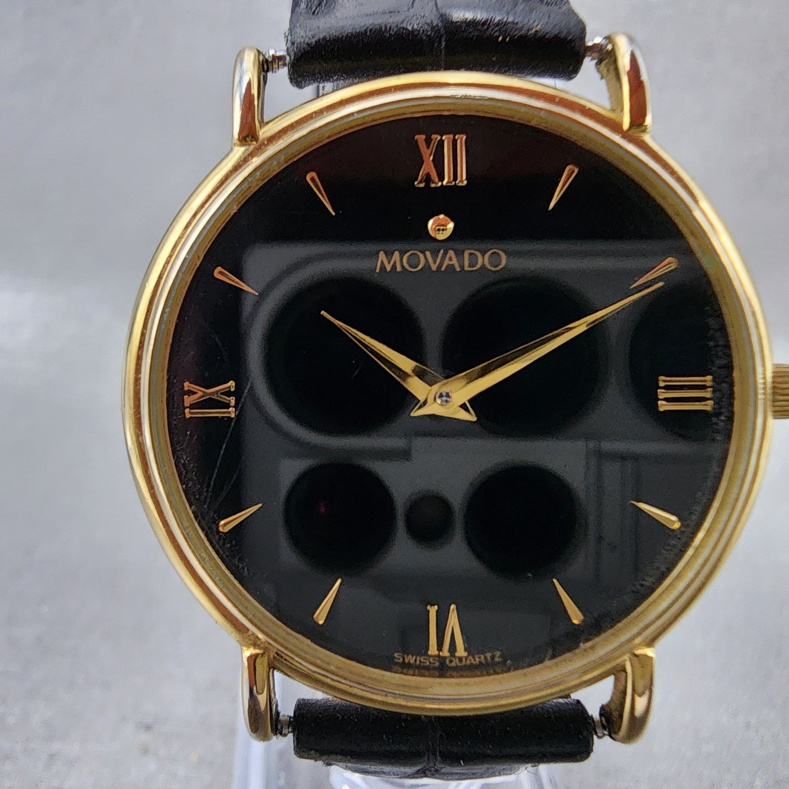 Movado Watch Men 34mm Black Dial Gold Tone Round 87E40885 New Battery1