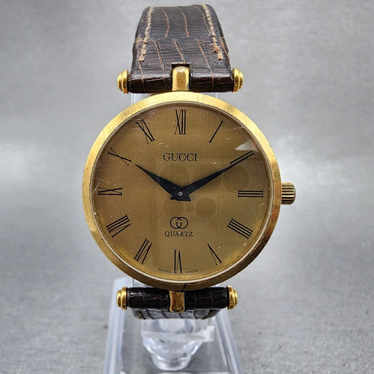 Gucci 2000M Watch Men 30mm Champagne Dial Gold Plated Round Leather Band NewBa110