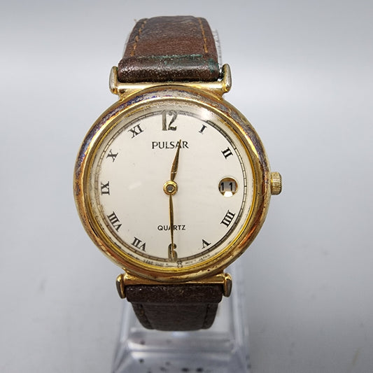 VTG Pulsar Watch Women Gold Tone Cream Dial Date 25mm Round V249-0030 New Batt