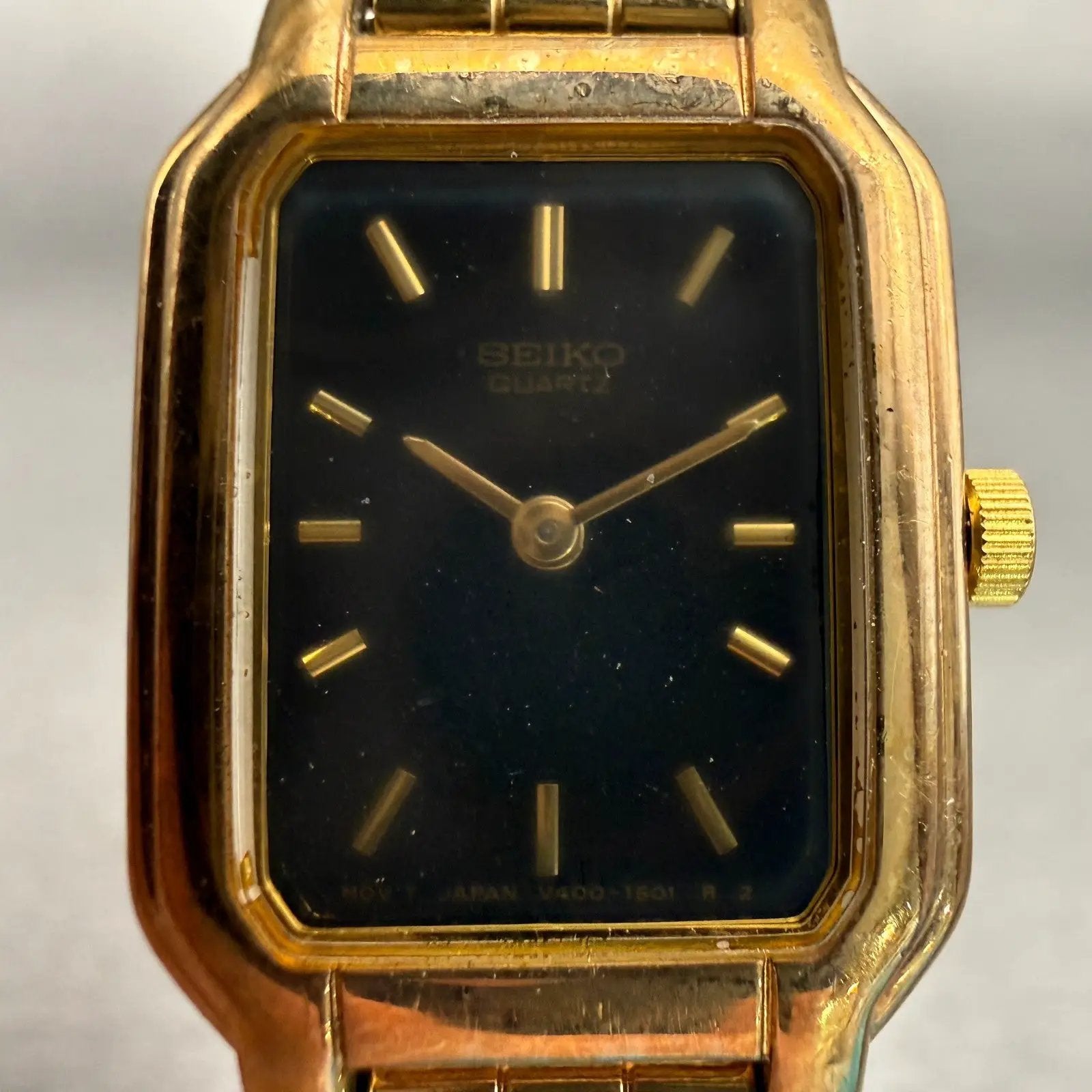 Seiko Watch Women 17mm Black Dial Gold Tone Rectangle V400-5498 New Battery VTG1