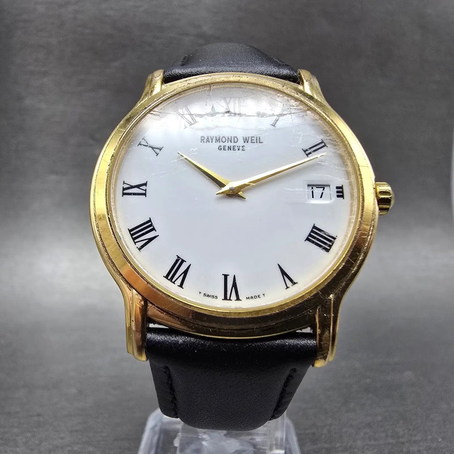 Raymond Weil Watch Men 34mm White Dial Gold Tone Date Round 5569 New Battery6