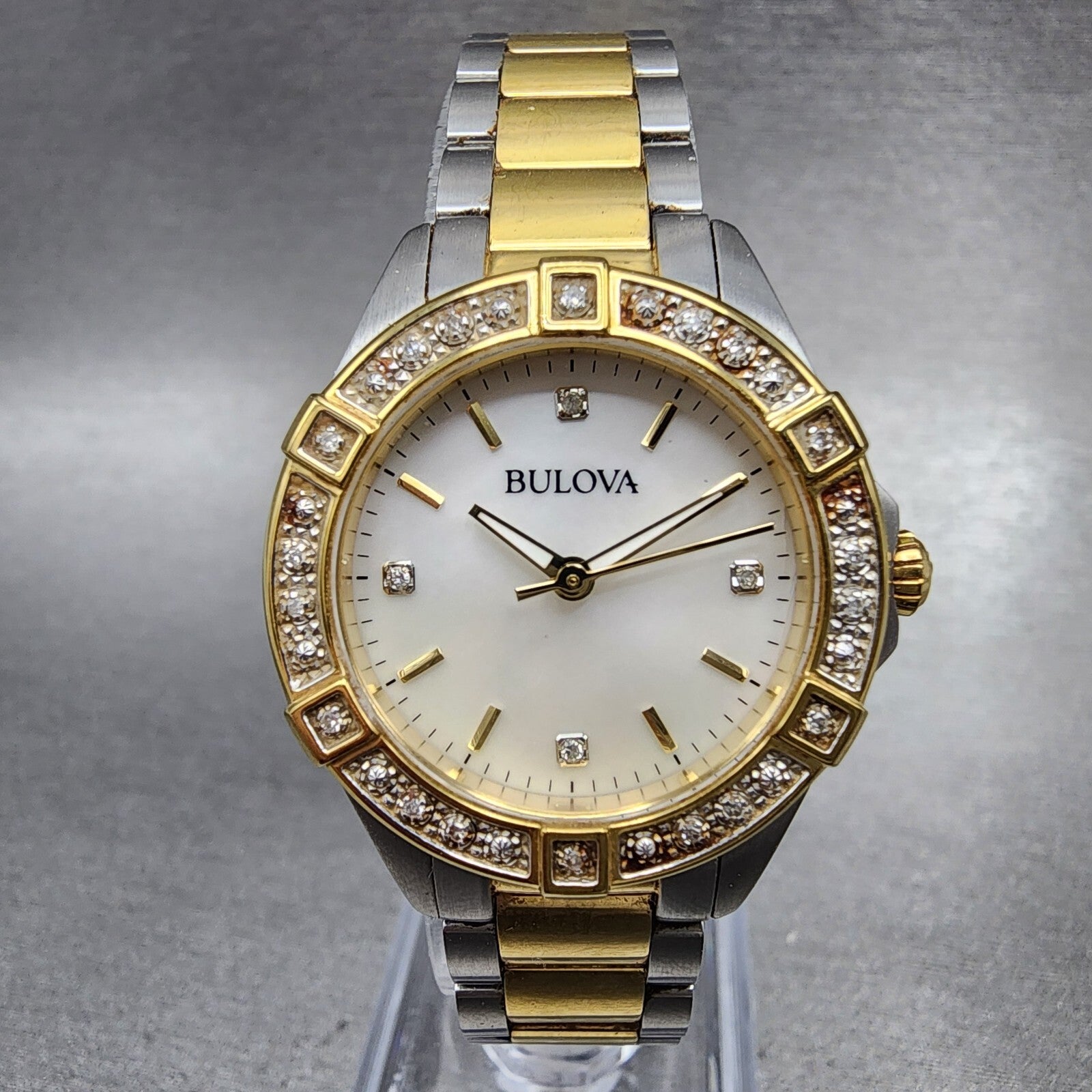 Bulova Crystal Watch Women 28mm MOP Dial Two Tone Round 98R236 New Battery0