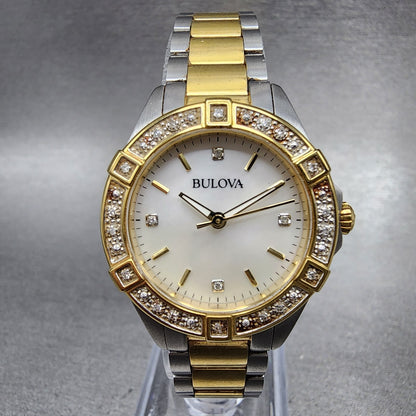 Bulova Crystal Watch Women 28mm MOP Dial Two Tone Round 98R236 New Battery0