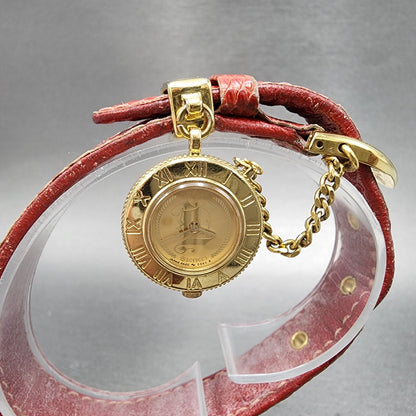 Seiko Respoir Watch Women 20mm Gold Dial Gold Tone Red Band 4N200320 New Batt0