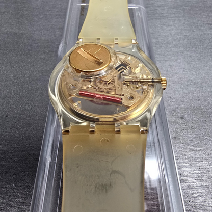 Swatch Golden Jelly Watch Men 34mm Skeleton Dial Clear Case GZ115 New Batt NOS14