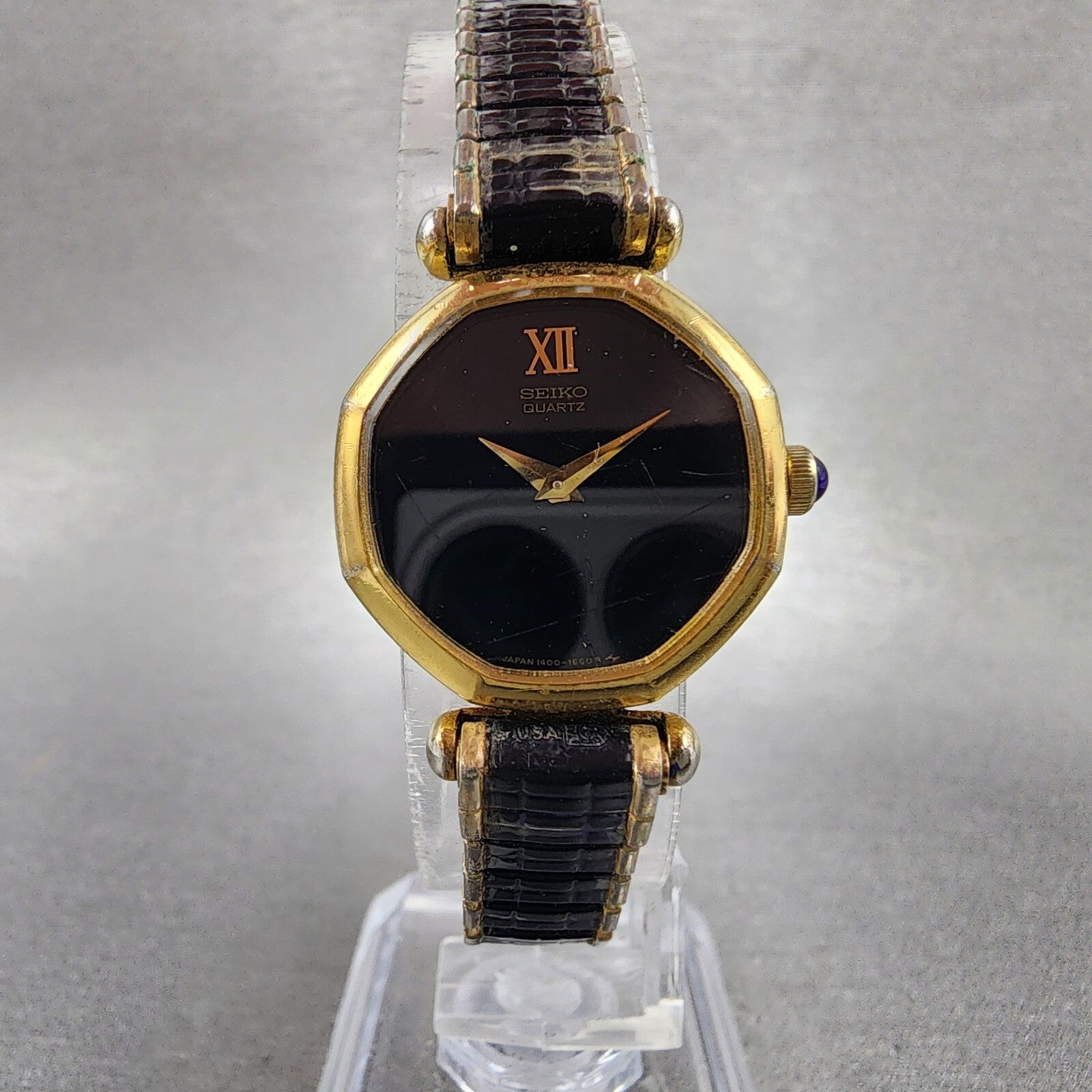 VTG Seiko Watch Women 17mm Black Dial Gold Tone Octagon 14005269 New Battery5