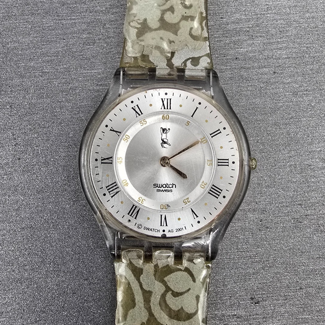 Swatch Portrait Watch Men 34mm Silver Dial Clear Case Round SFK150P New Battery0