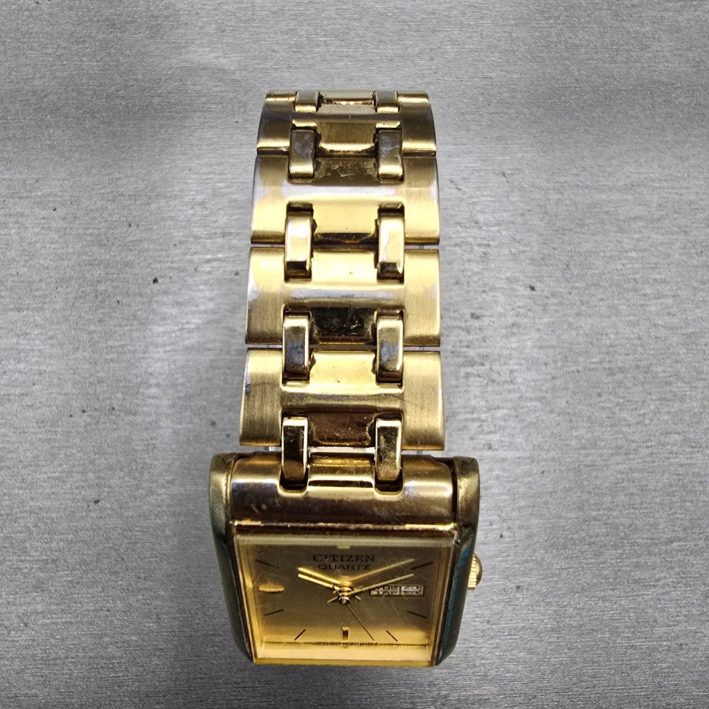 Citizen Watch Men 25mm Gold Dial Gold Tone Daydate Rectangle 1002-S99299 New Bat4