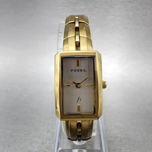Fossil Tank Watch Women 17mm Silver Dial Gold Tone Rectangle ES9947 New Battery0