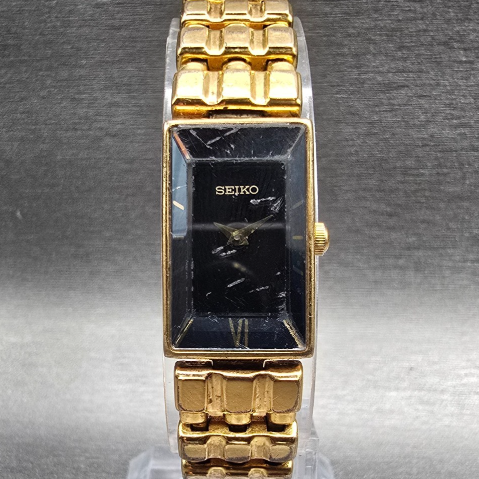 Seiko Watch Women 14mm Blue Dial Gold Tone Rectangle V220-5A00 New Battery0
