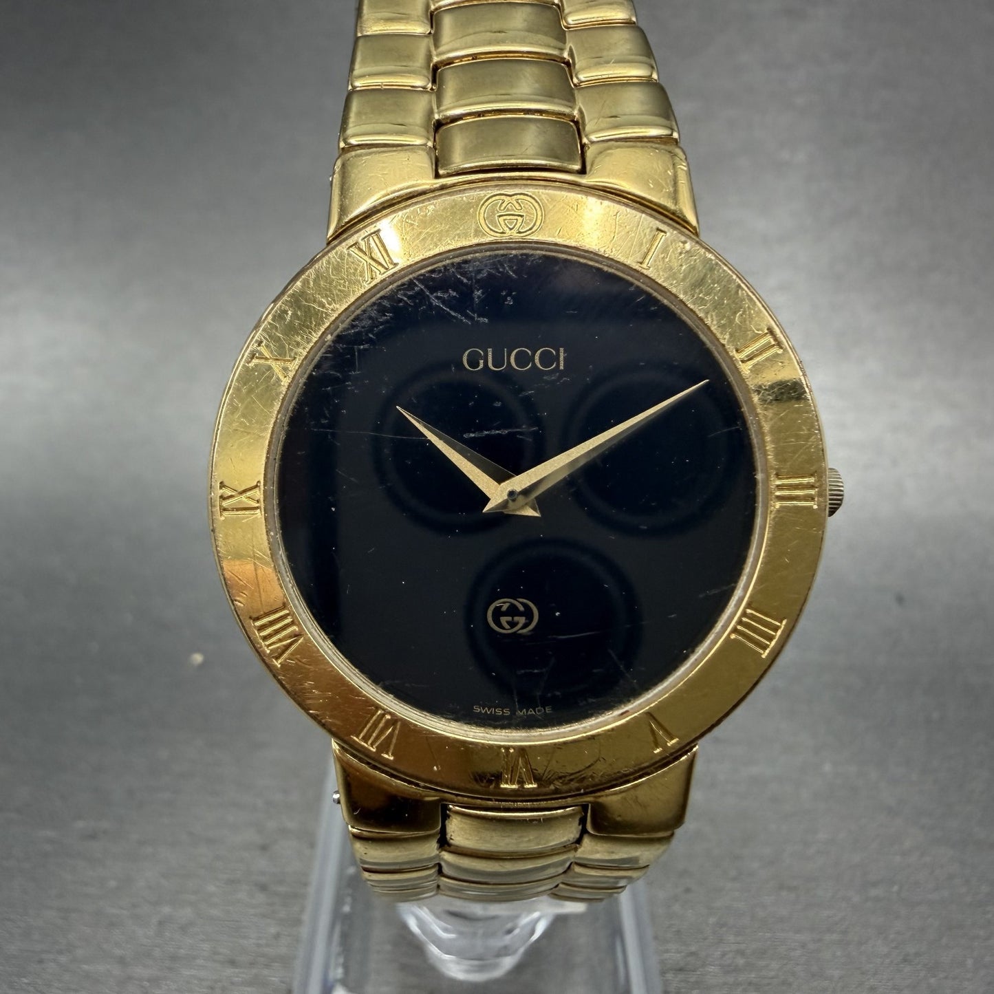 Gucci 3300M Watch Men 33mm Black Dial Gold Tone Round Vintage Bracelet PARTS0