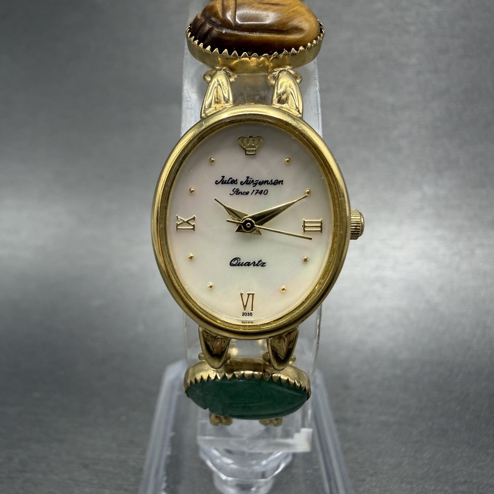 Jules Jurgenson Watch Women 19mm MOP Dial Gold Tone Oval Gem Stones New Battery0