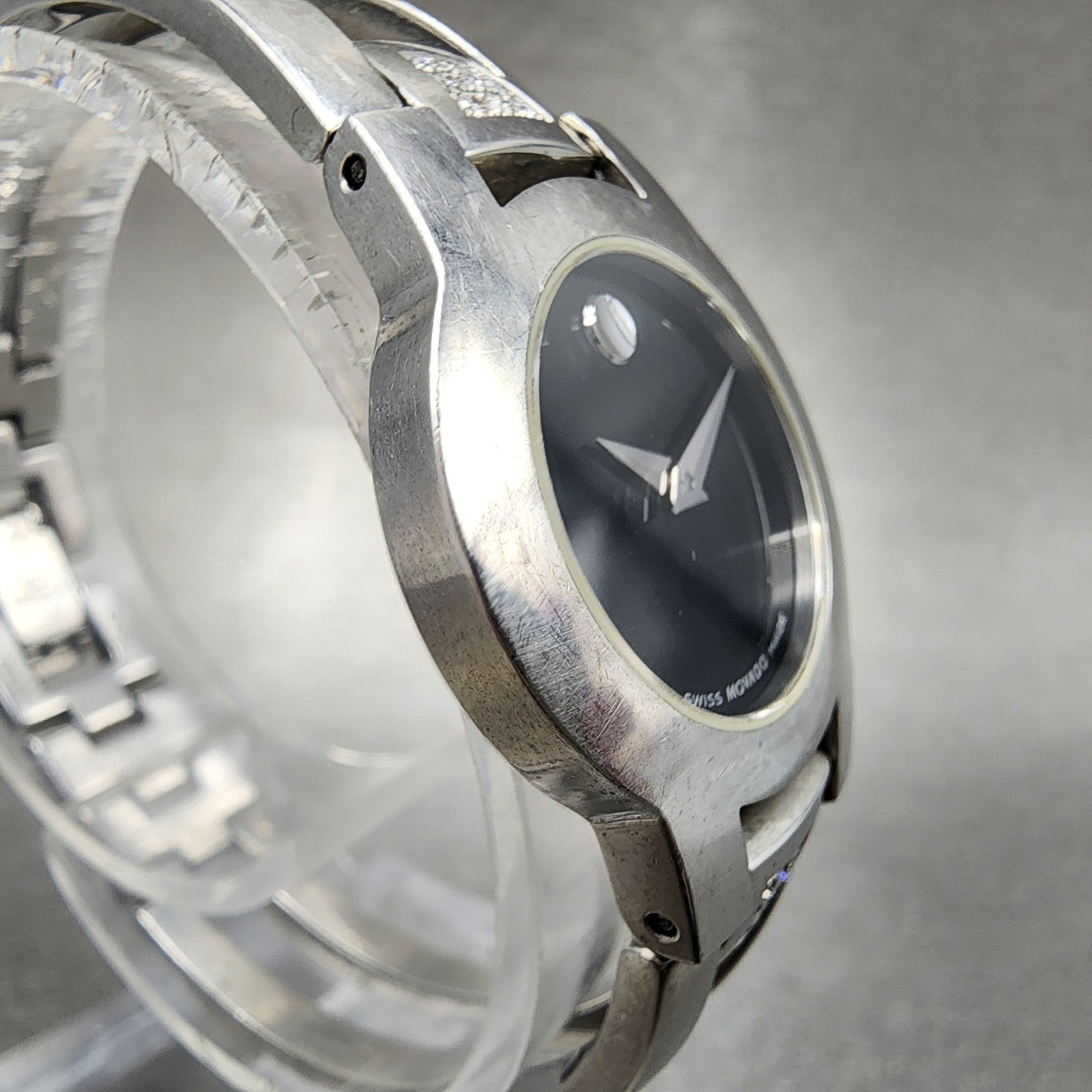 Movado Amorosa Watch Women 24mm Black Dial Steel Diamond Accents New Battery2