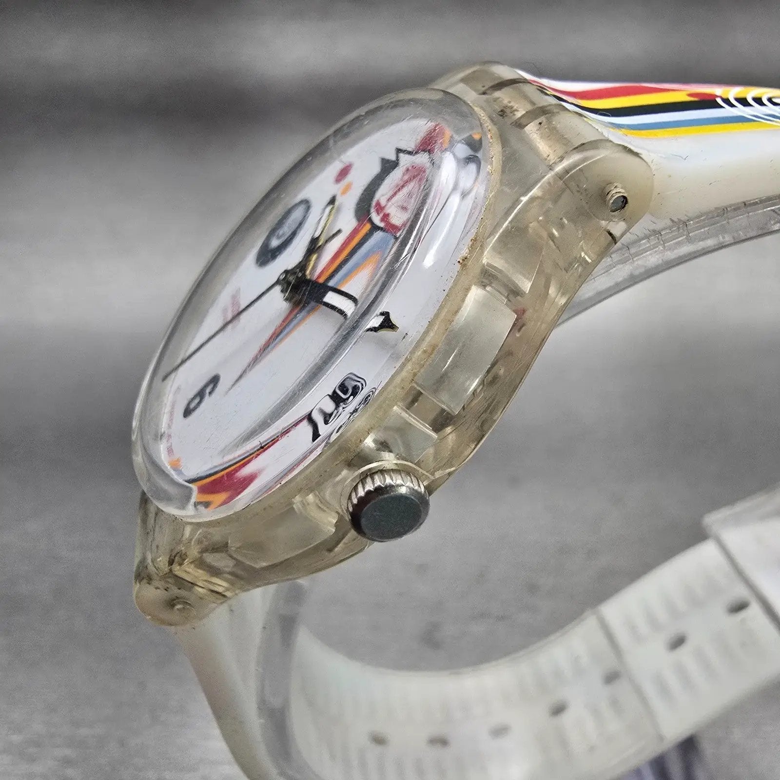 Swatch Gent Crazy Youngsters Watch Men White Dial Clear Case Round GE198 New Bat2