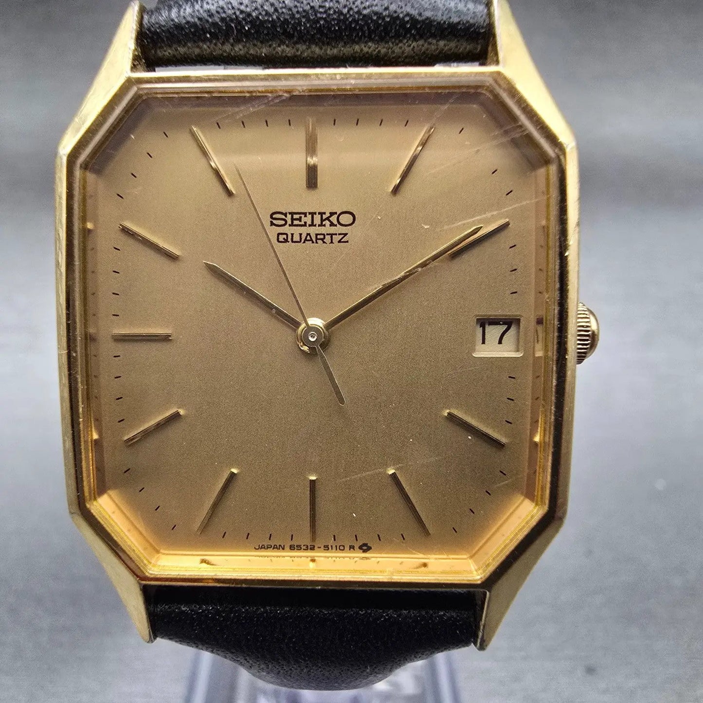 Seiko Tank Watch Men 28mm Gold Dial Gold Tone Date Rectangle 6532-5079 New Batt1