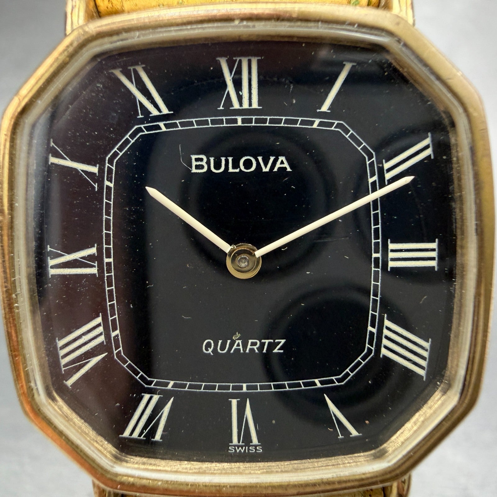 Bulova Watch Men 30mm Black Dial Gold Tone Octagon Swiss P0 New battery1