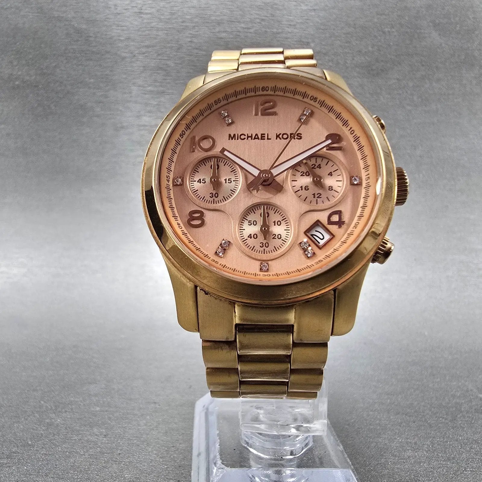 Michael Kors Chronograph Watch Women 38mm Pink Dial Rose Gold Tone MK5368 NewBat6