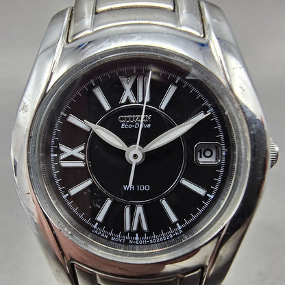 Citizen Watch Women 25mm Black Dial Silver Tone Date Round E011-S015502 Runs1