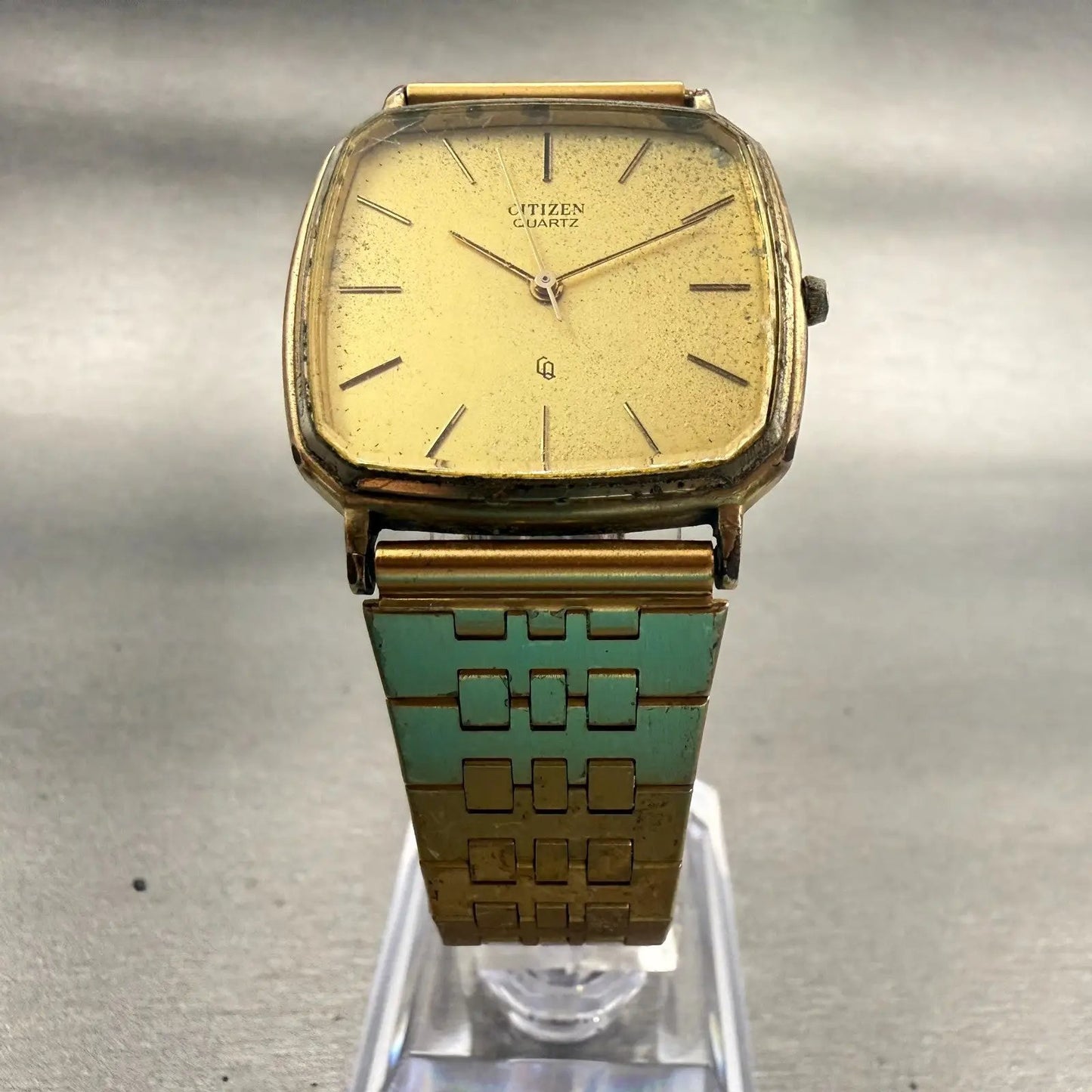 Citizen CQ Watch Men 30mm Gold Dial Gold Tone Rectangle 7923 Vintage New Battery5
