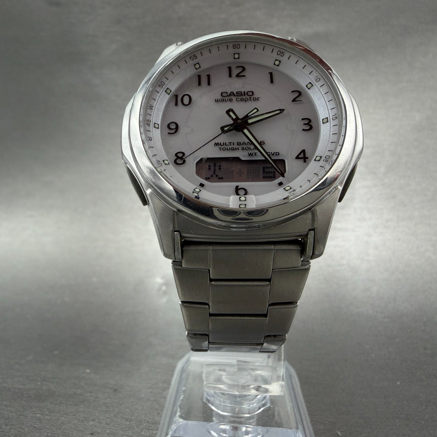 Casio Wave Ceptor Watch Men 42mm White Dial Steel Solar Analog Digital PARTS6