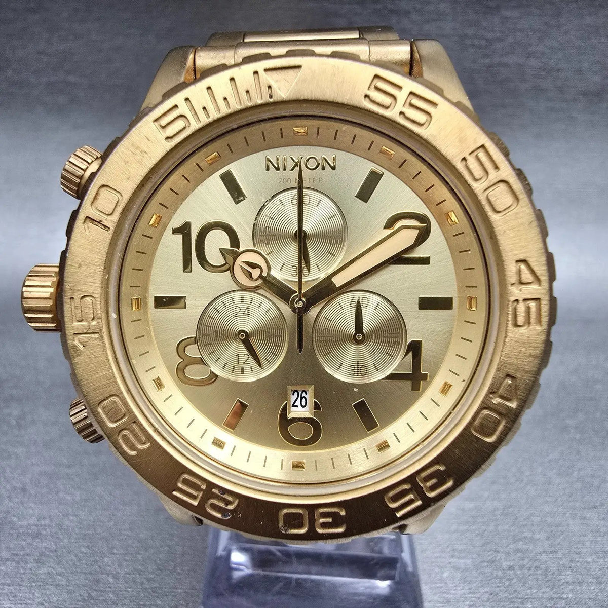 Nixon The 42-20 Chrono Watch Men 42mm Gold Dial Gold Tone Date Round New Battery1
