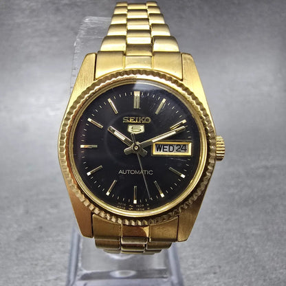 Seiko 5 Automatic Watch Women 25mm Black Dial Gold Tone Daydate 4206-0510 Runs0