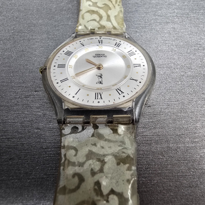 Swatch Portrait Watch Men 34mm Silver Dial Clear Case Round SFK150P New Battery7