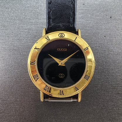 Gucci 3000L Watch Women 26mm Black Dial Gold Plated Round New Battery Vintage0
