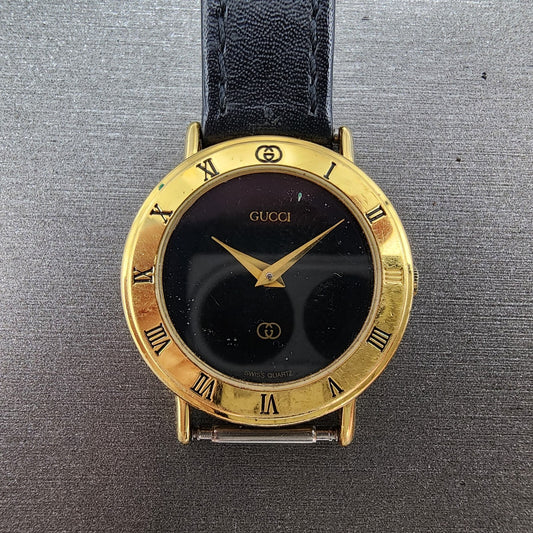 Gucci 3000L Watch Women 26mm Black Dial Gold Plated Round New Battery Vintage0