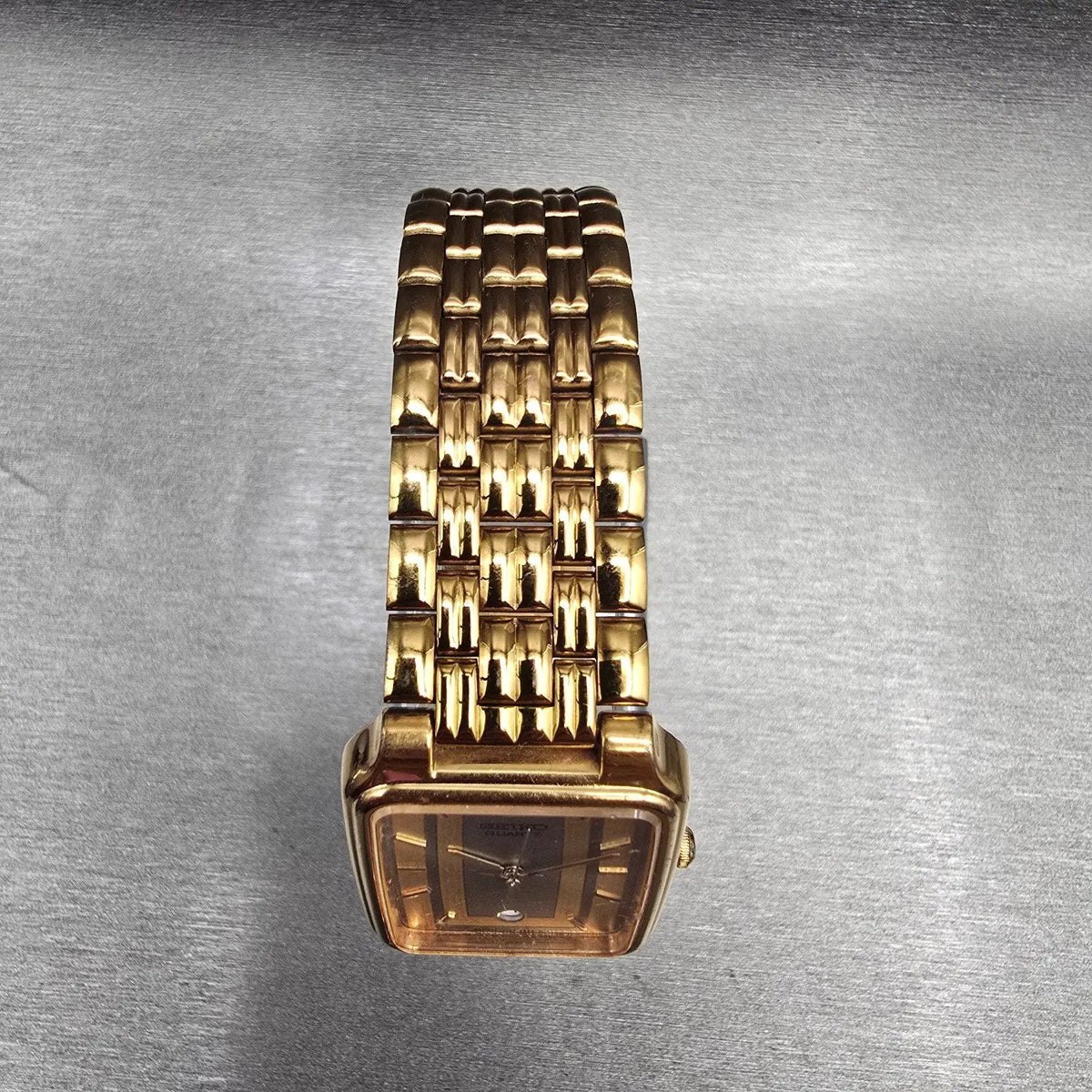 Seiko Tank Watch Men 26mm Gold Dial Gold Tone Date Rectangle V722-5A70 New Batt4