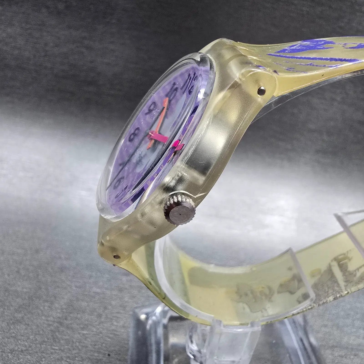 Swatch Rave Watch Women 34mm Purple Dial Clear Case Round GK134 New Battery3