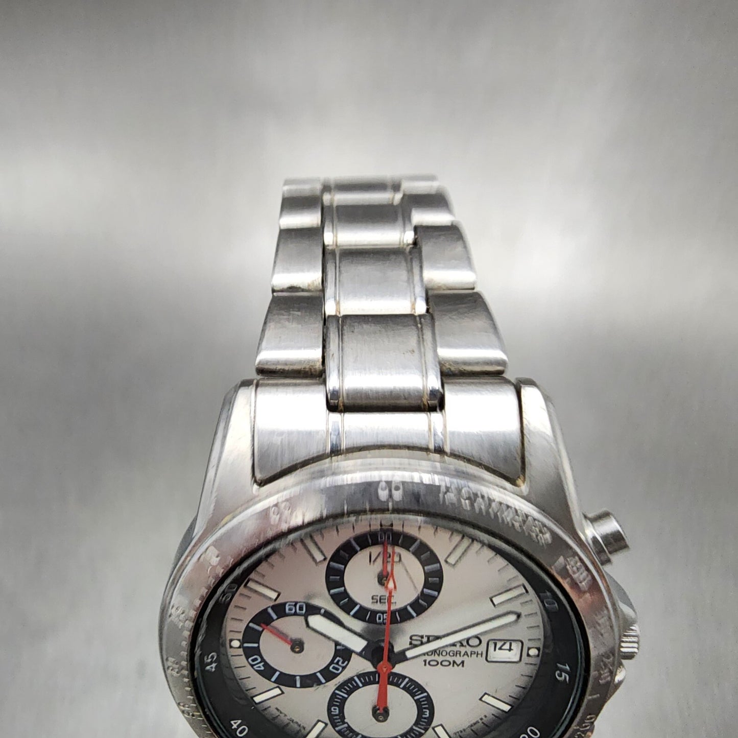 Seiko Chronograph Watch Men 40mm Silver Dial silver Tone Date 7t920dw0 Newbatt4