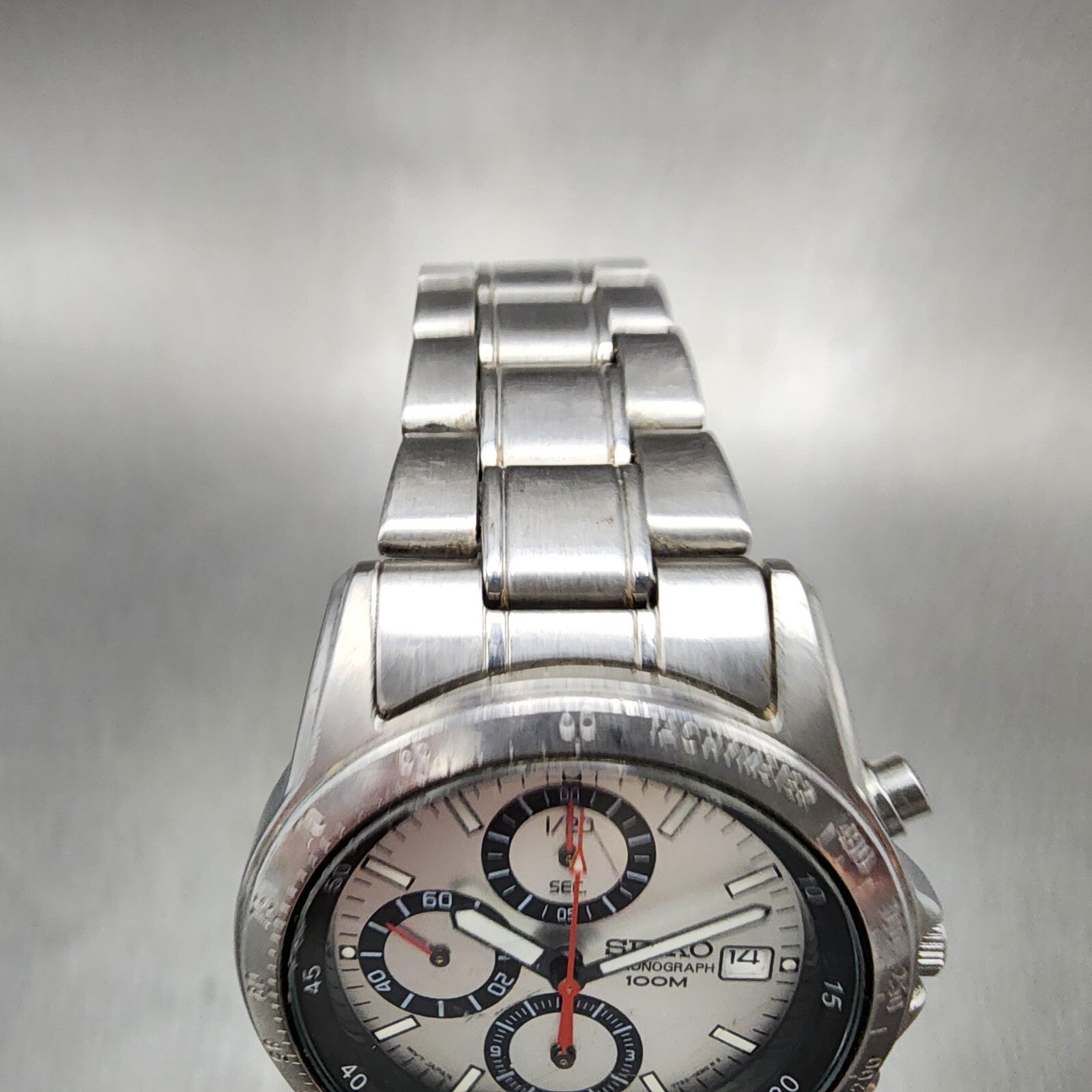 Seiko Chronograph Watch Men 40mm Silver Dial silver Tone Date 7t920dw0 Newbatt4