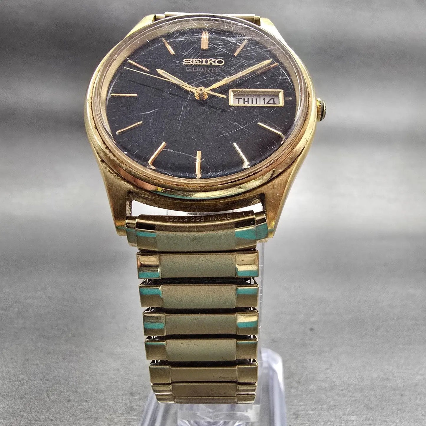 Seiko Watch Men 35mm Black Dial Gold Tone Daydate Round 7N43-8A39 New Battery5