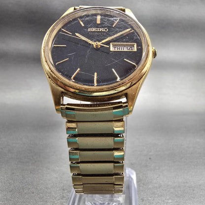 Seiko Watch Men 35mm Black Dial Gold Tone Daydate Round 7N43-8A39 New Battery5