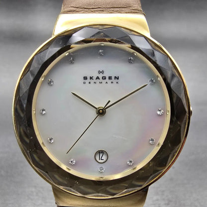 Skagen Watch Women 34mm MOP Dial Gold Tone Date Round SKW2166 New Battery1