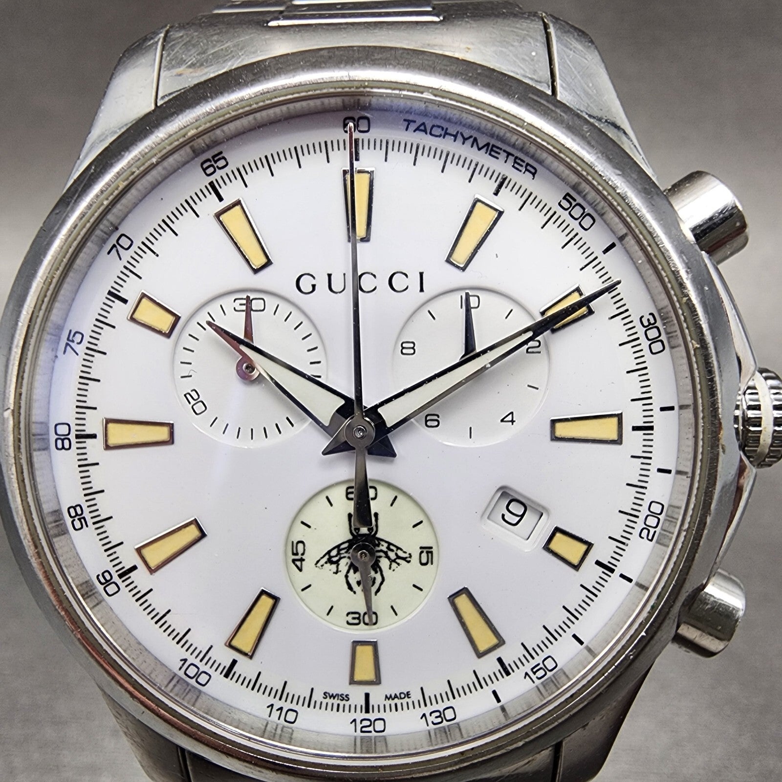 Gucci G-Timeless Chronograph Watch Men 39mm White Dial Steel Date Round NewBatte1