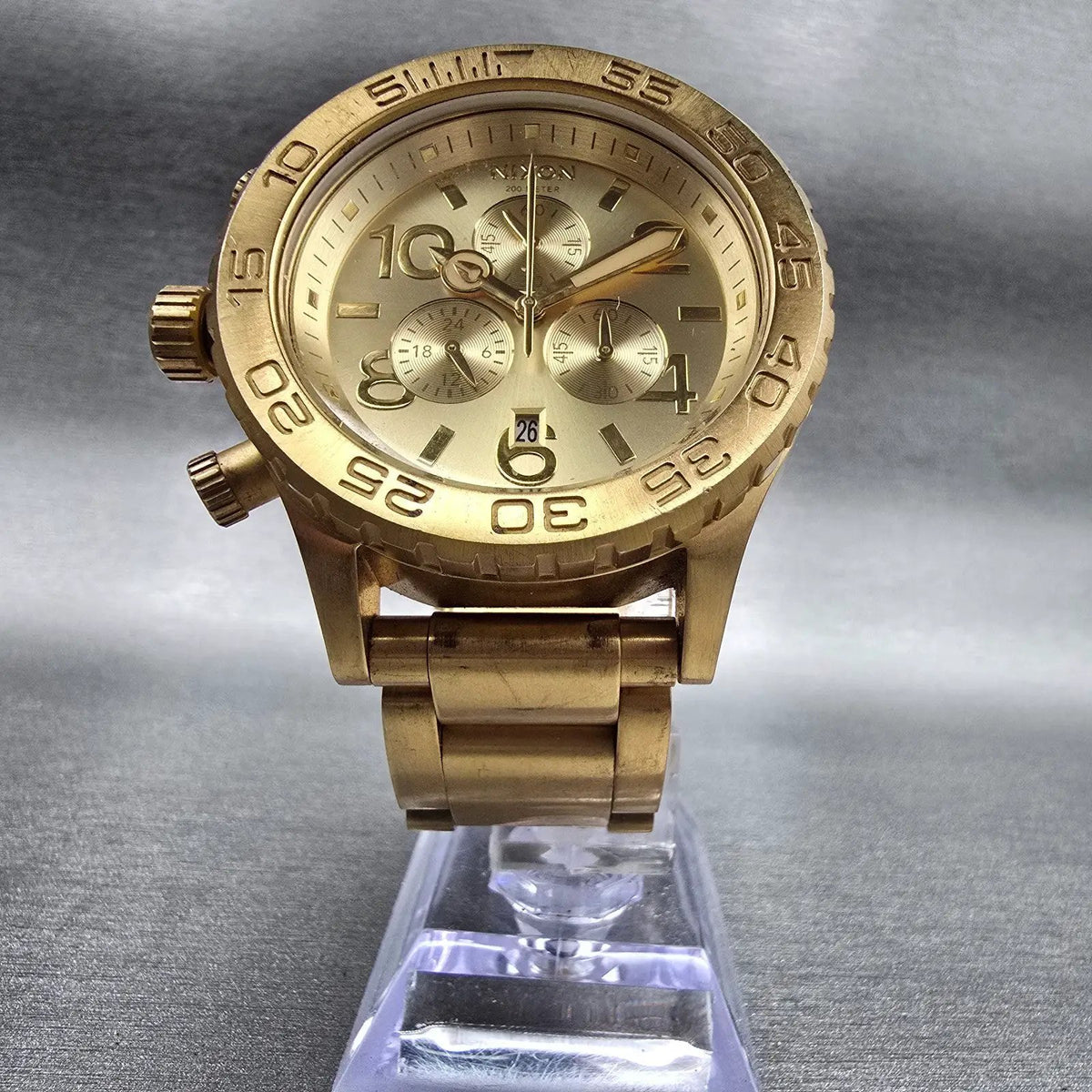Nixon The 42-20 Chrono Watch Men 42mm Gold Dial Gold Tone Date Round New Battery5