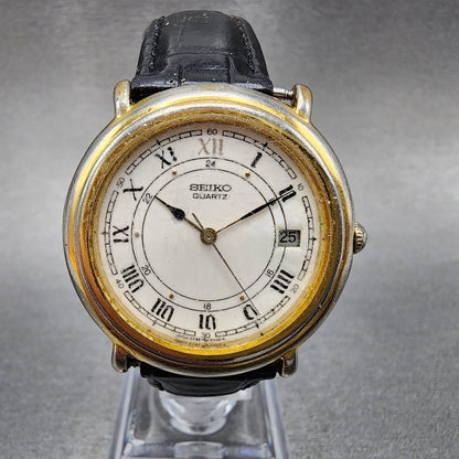 Seiko Watch Men 33mm White Dial Gold Tone Round Date 5y32-6a29 New Battery
