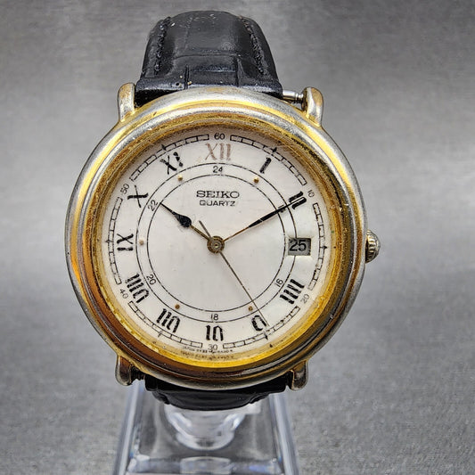 Seiko Watch Men 33mm White Dial Gold Tone Round Date 5y32-6a29 New Battery