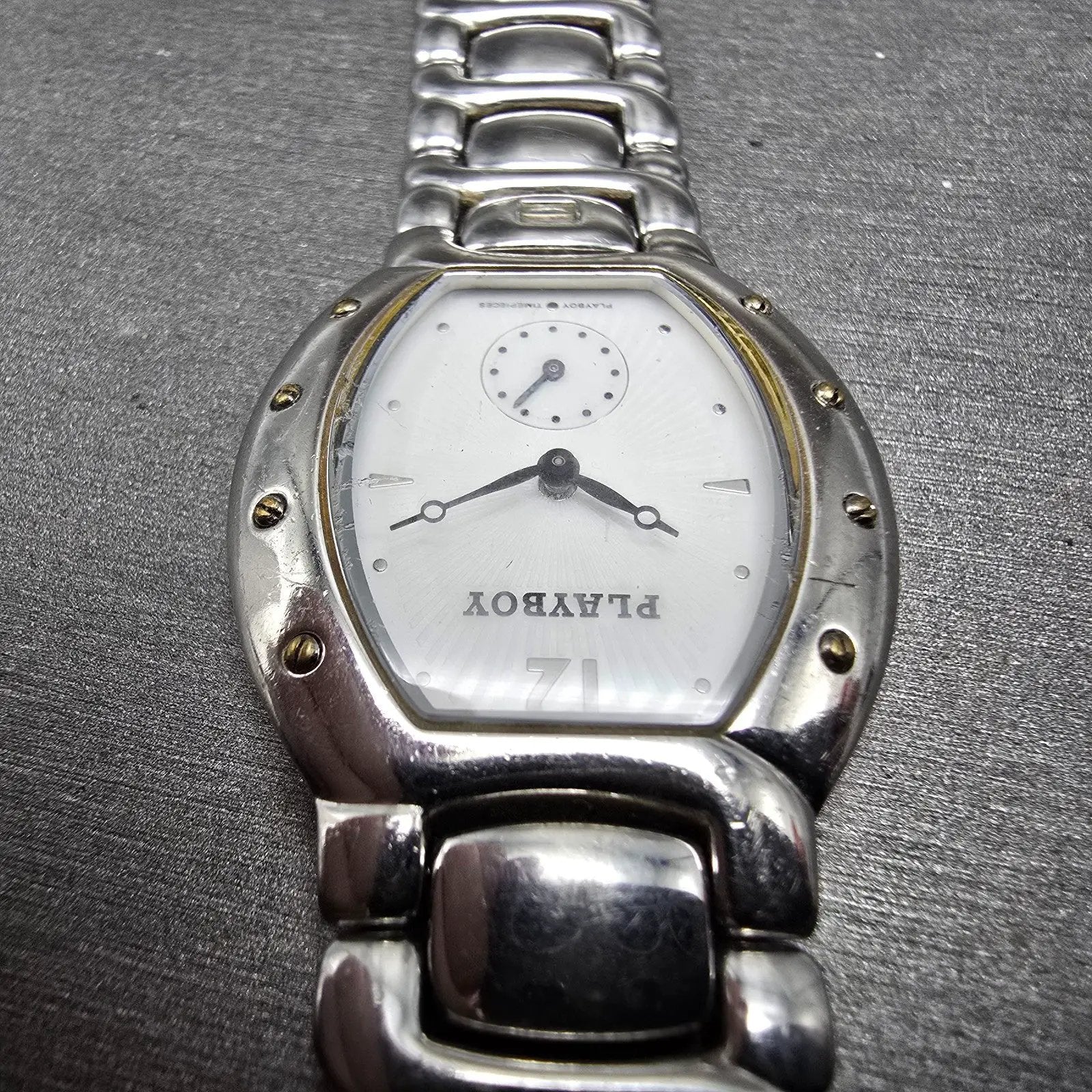 Playboy Watch Men 29mm White Dial Silver Tone Oval New battery MISSING CLASP!!!4